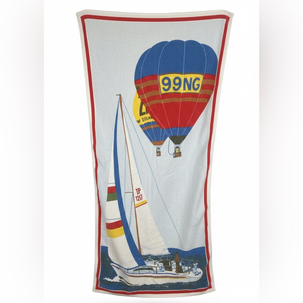 ⛵️Vintage 80s/90s Beach Towel ~ Sailboat & Hot Air Balloons 🇧🇷 💯Cotton